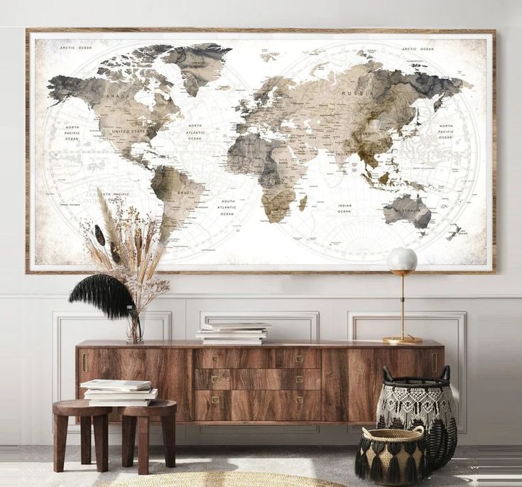 a living room with a large map on the wall