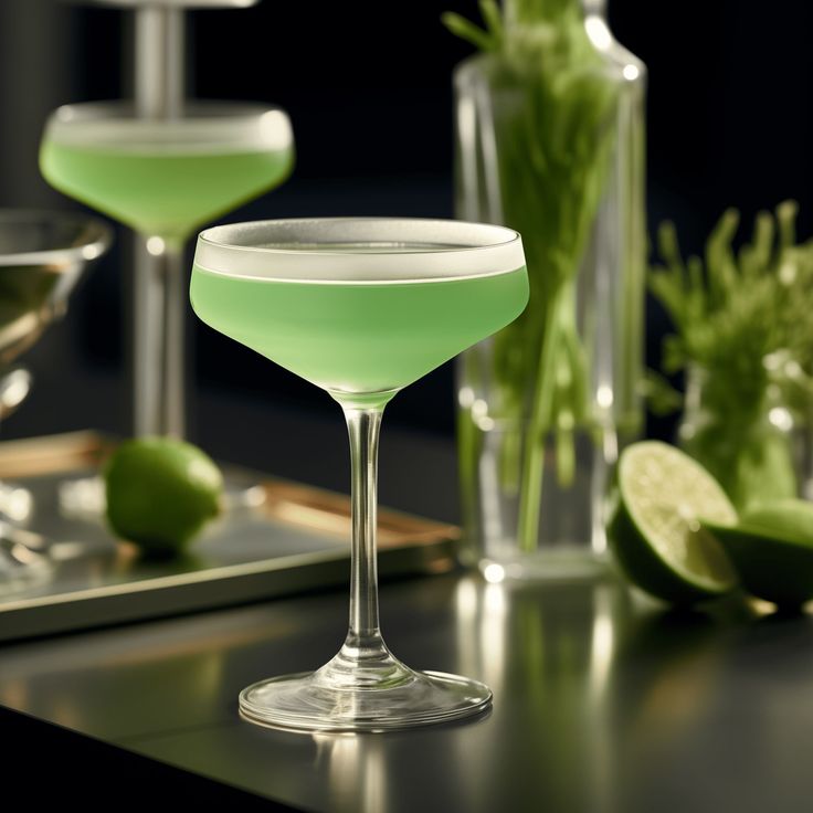 two martini glasses filled with green liquid and limes next to other drinks on a table