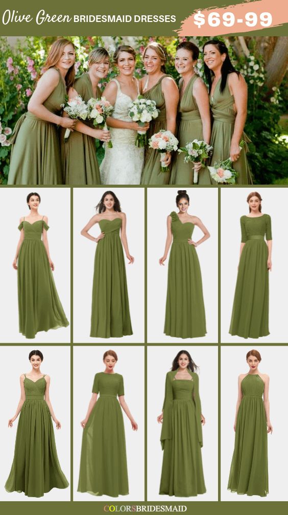 the bridesmaid dresses are in different styles and colors, but not all green