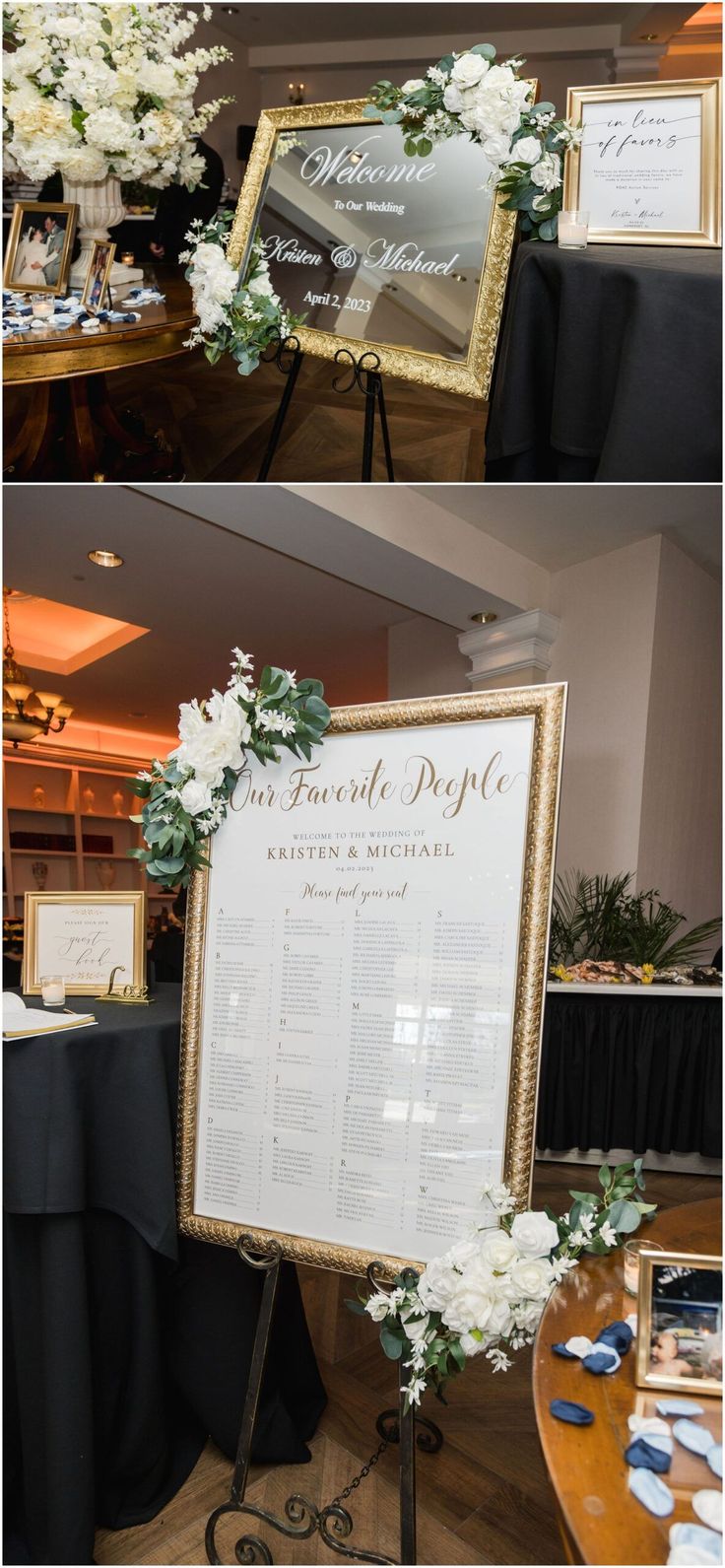 two pictures of a table with flowers and menus on it