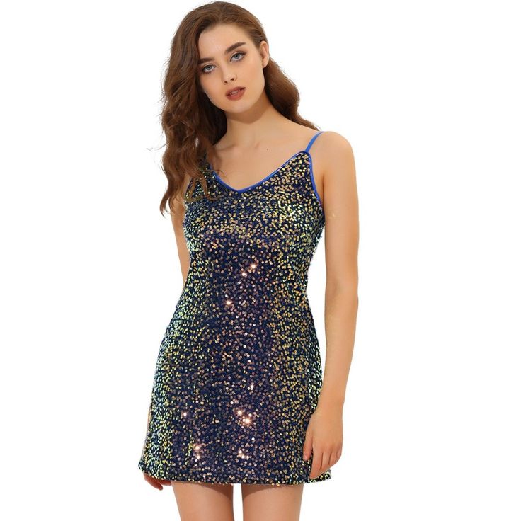 The color will change at different angles. Perfect dress for a party, which makes you noticeable enough. This sequin dress is stretchy with adjustable straps. A cami dress with a spaghetti strap and its mini length offers a charming look for day or night. It is perfectly paired with high heels for a beauty and fashion look. A worth-buying party dress. This fashionable and trendy clothes for women can not only be worn daily, but can also be easily matched as a Christmas costumes to create a uniqu Flirty Sequin Dress With Spaghetti Straps For Party Season, Party Sequin Dress With Spaghetti Straps, Glitter Mini Dress With Spaghetti Straps For Night Out, Flirty Sequin Dress With Spaghetti Straps For Summer, Flirty Sequin Spaghetti Straps Dress For Summer, Summer Flirty Sequin Dress With Spaghetti Straps, Summer Stretch Sequin Prom Dress, Summer Sequin Stretch Dress For Prom, Sequin Spaghetti Straps Dress For Club Party Season