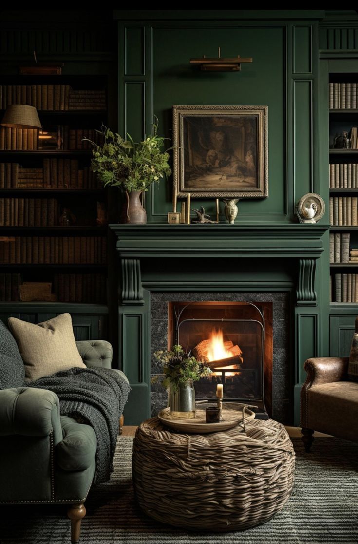 a living room filled with furniture and a fire place in front of a book shelf