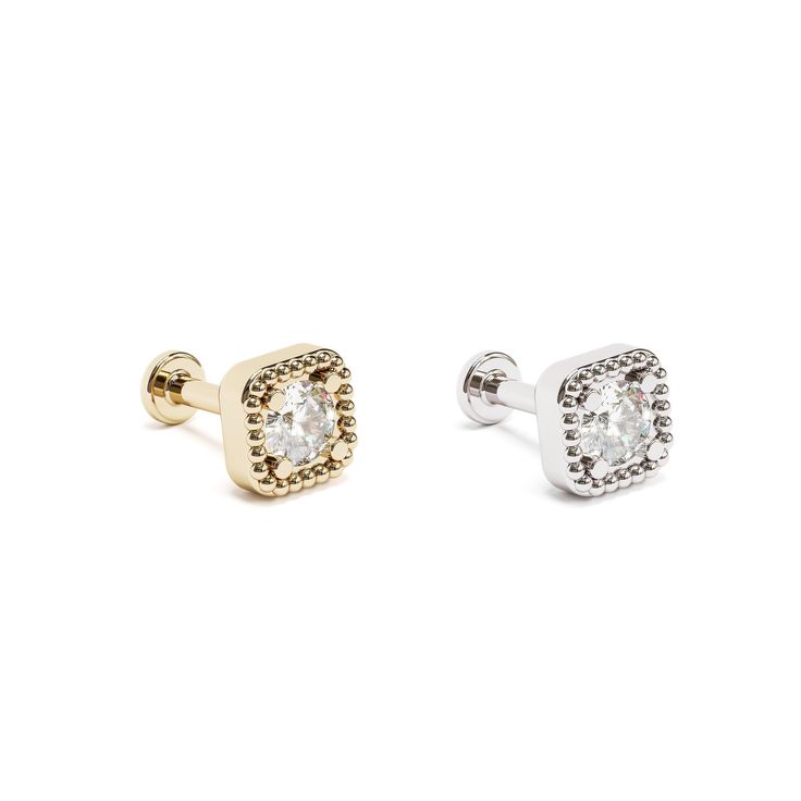 Elevate your piercing style with our exquisite 14k labret internally threaded stud featuring a dazzling prong-set round white diamond in a square shape. It's the perfect combination of elegance and edginess. The threaded screw pin earring post is easy to insert and remove, and the flat back makes it comfortable to wear. Our screw pin flat back earring studs are made of solid 14k gold and are hypoallergenic and nickel free. Materials: * 14k solid gold  * Genuine or lab grown white diamonds (Weigh Classic White Gold Single Earring Piercing, Elegant Internally Threaded Nose Rings, Elegant Hypoallergenic White Gold Nose Rings, Elegant White Gold Single Earring Piercing, Classic Gold Cartilage Earrings With Prong Setting, Classic White Gold Internally Threaded Cartilage Earrings, Gold Internally Threaded Elegant Nose Studs, Elegant Gold Internally Threaded Piercings, Gold Sterling Silver Piercings With Prong Setting