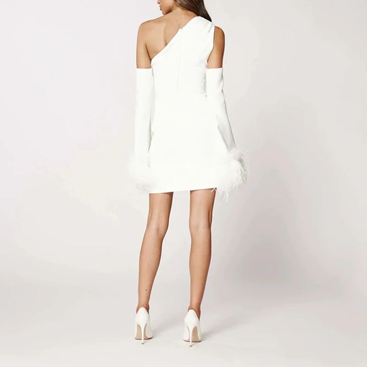 ALONDRA FEATHERS SLEEVE ONE SHOULDER MINI DRESS – CTRL N U I T Chic One-shoulder Long Sleeve Dress For Party Season, Fitted One Sleeve Mini Dress, Chic Long Sleeve One Shoulder Dress For Party Season, Fitted One-sleeve Mini Dress, White Fitted Cold Shoulder Dress, Chic White Cold Shoulder Dress, White One Shoulder Mini Dress For Cocktail, One-sleeve Mini Dress For Night Out In Spring, One Shoulder Off Shoulder Dress For Fall Party