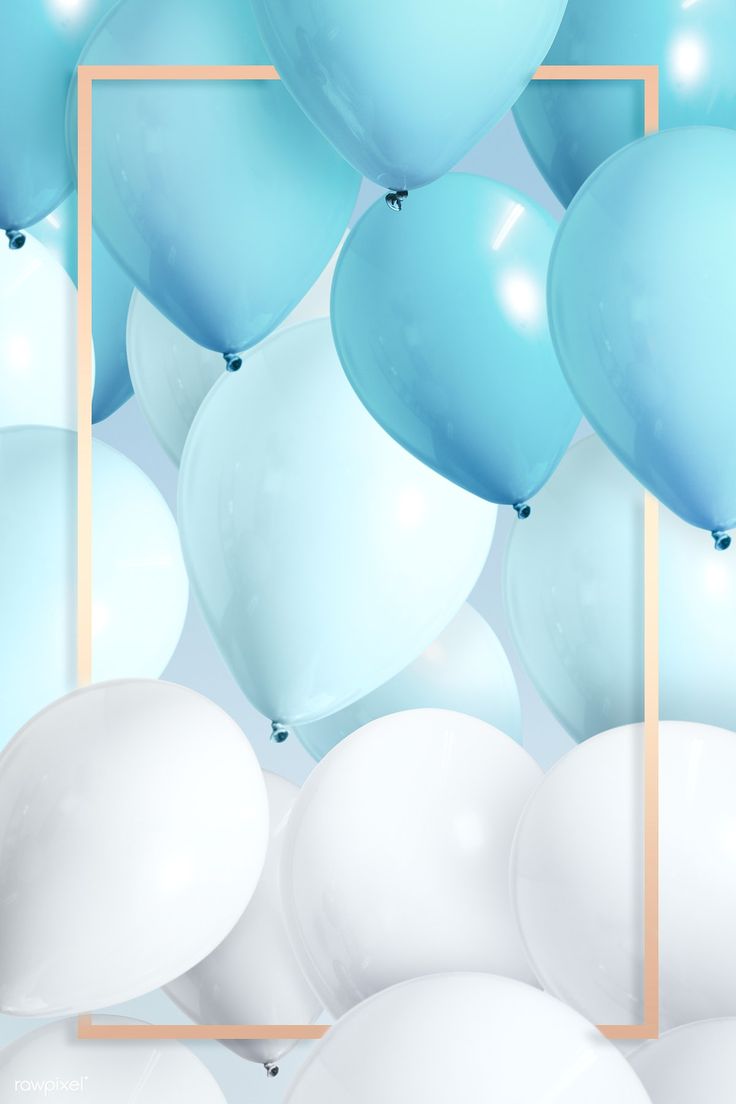 blue and white balloons are floating in the air with a gold frame on it's side