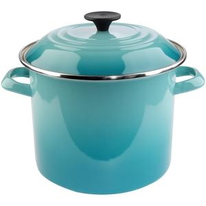 a blue casserole with a black lid