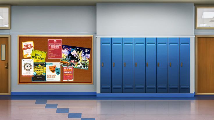 an empty school room with blue lockers and posters on the wall