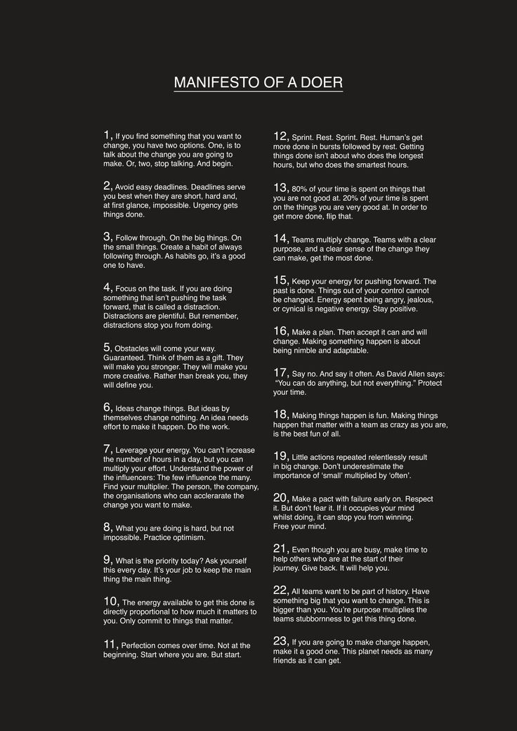 a black and white poster with the words, manfesto of a doer