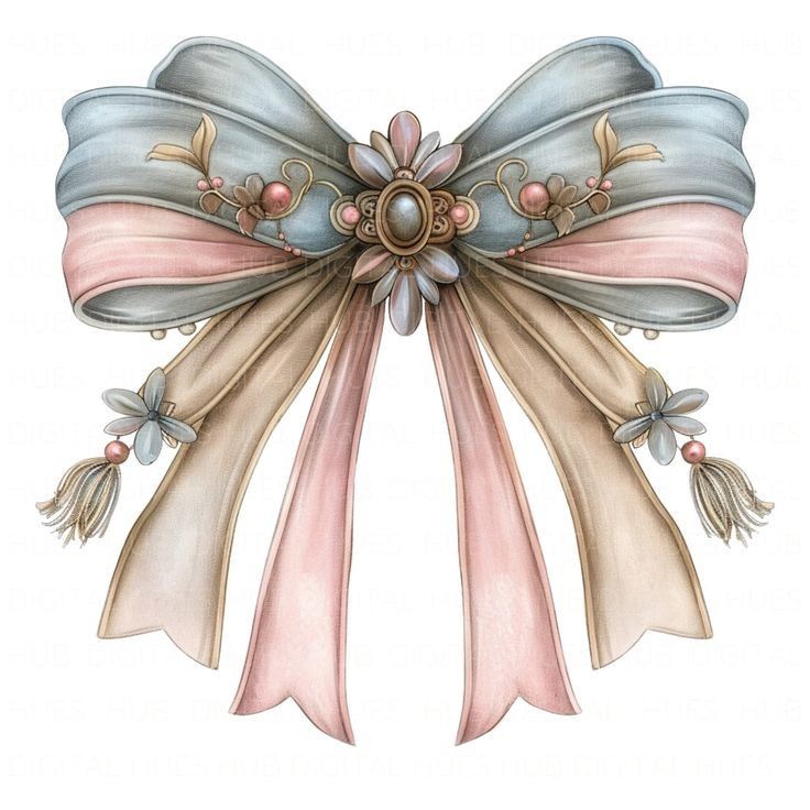 a drawing of a large bow with pink, blue and white ribbons on it's sides