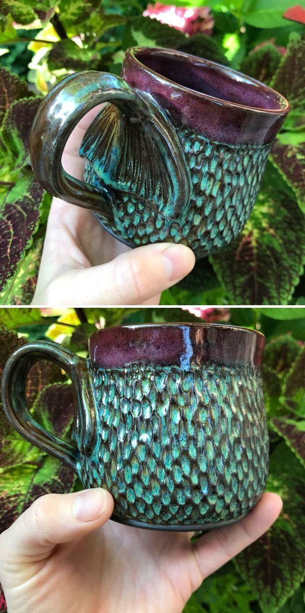 two pictures of a hand holding a purple and green coffee cup with fish scales on it