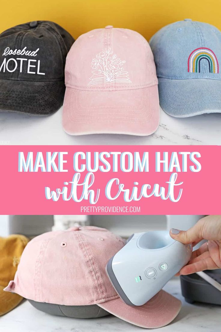 four hats with the words make custom hats with cricut on them and an image of