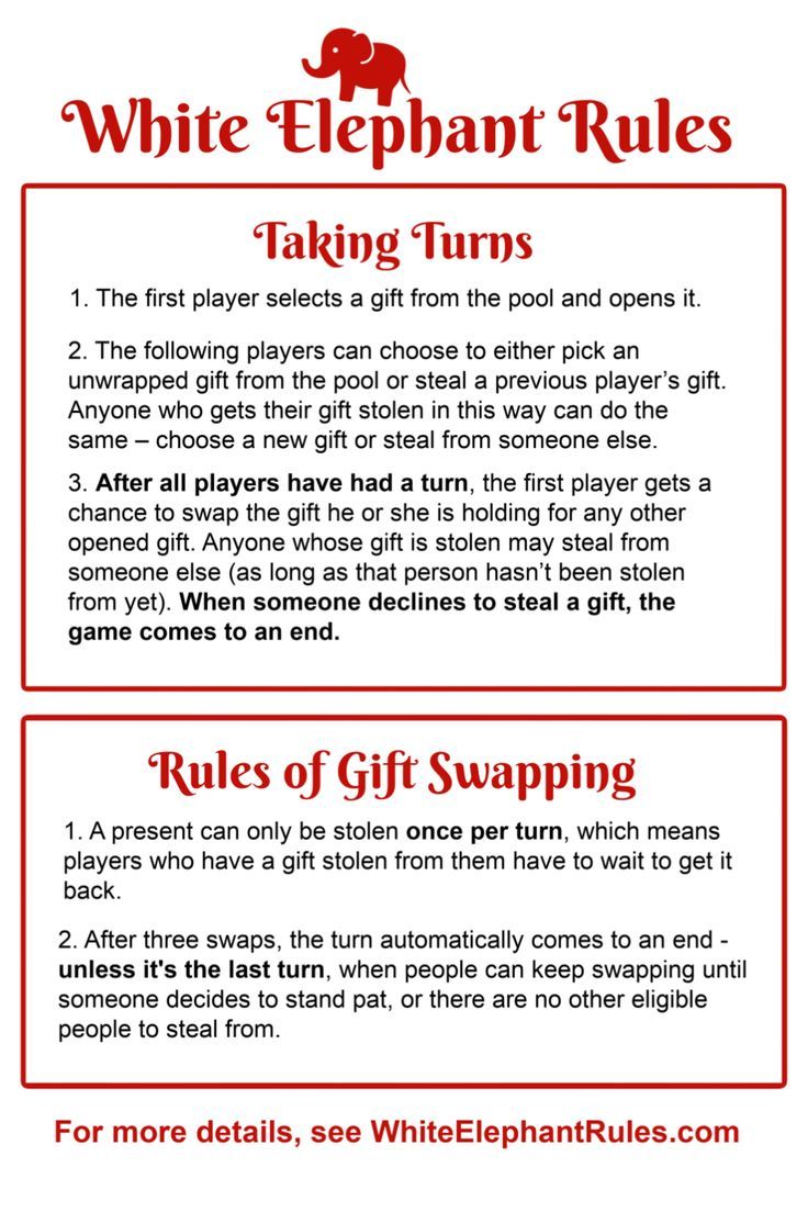 an info sheet describing how to use white elephant rules for playing with toys and other items