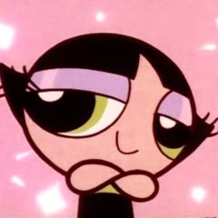 the powerpuff character is frowning with her eyes wide open in front of a pink background