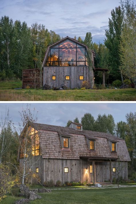 two pictures side by side of a barn with windows