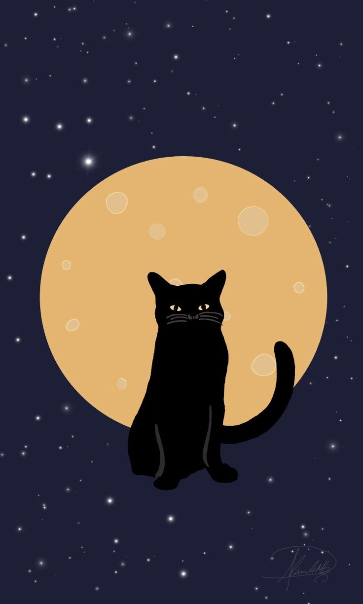 a black cat sitting in front of a full moon