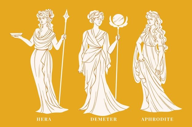 the four goddesss are depicted in white on an orange background