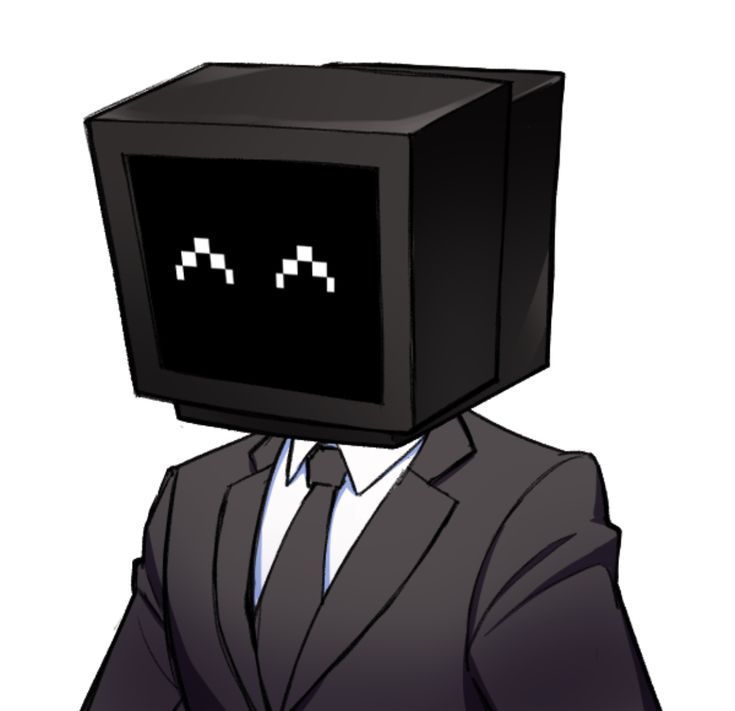 a man in a suit and tie with a black cube on his head