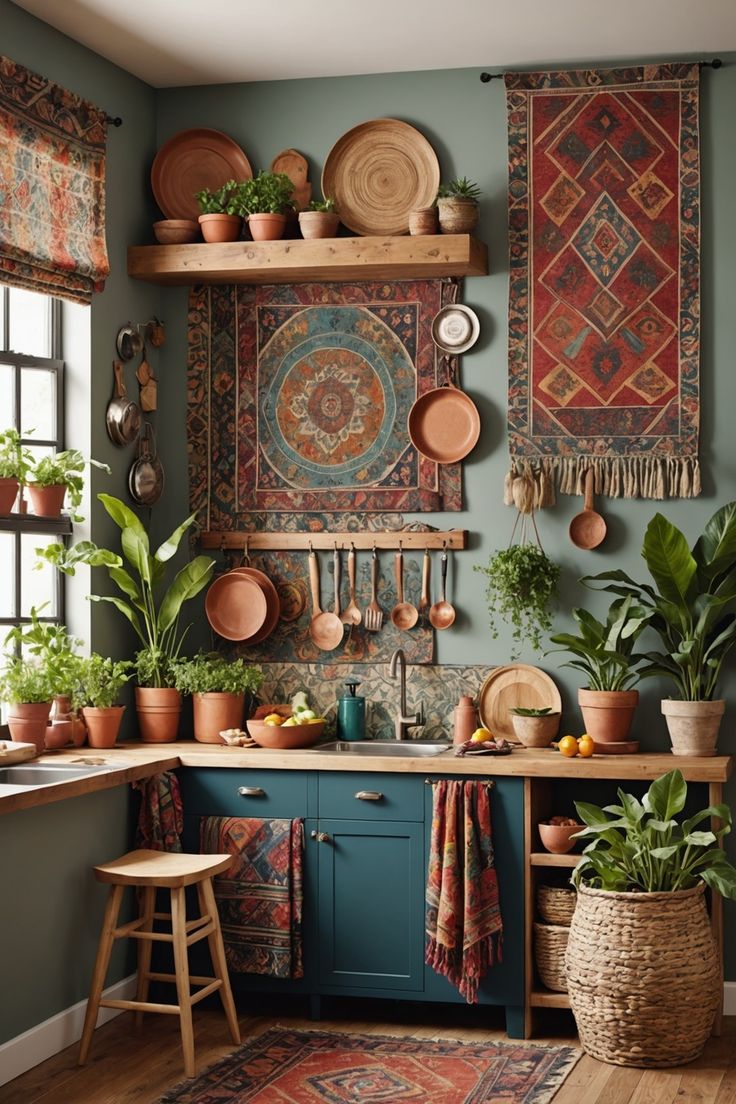 a kitchen filled with lots of pots and pans next to a wall mounted pot rack