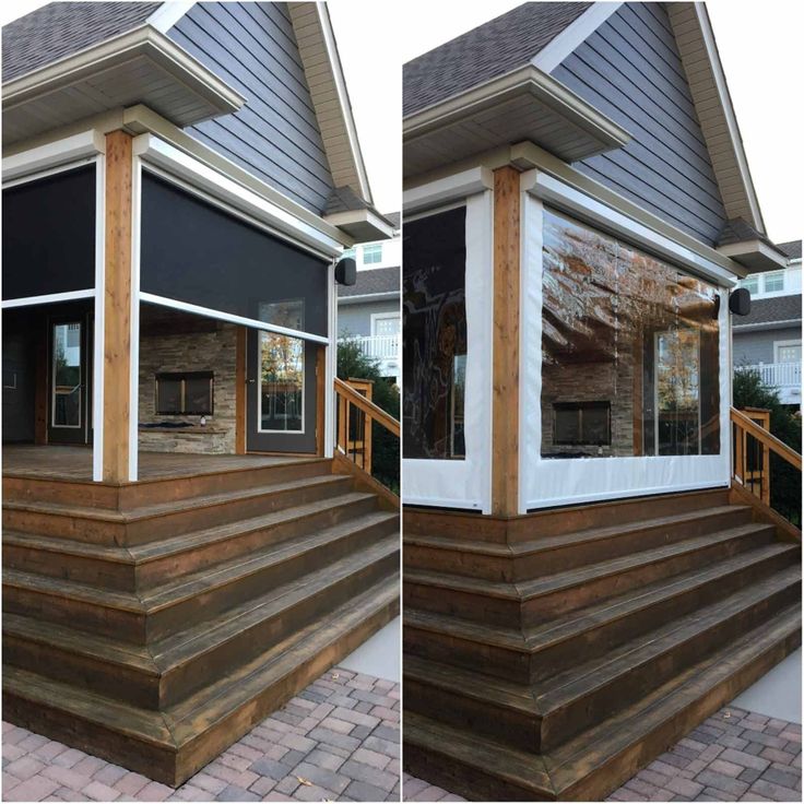 two pictures of the outside of a house with wooden steps and windows on each side