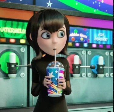 a cartoon character holding a drink in front of a vending machine with soda on it