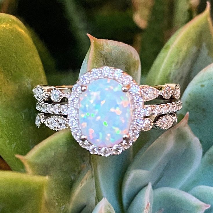 an opal and diamond ring sits on top of a succulent