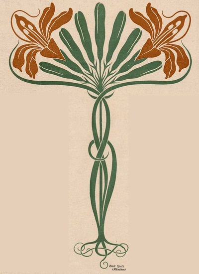 an art nouveau style flower arrangement with orange and green flowers in the center, on a beige background