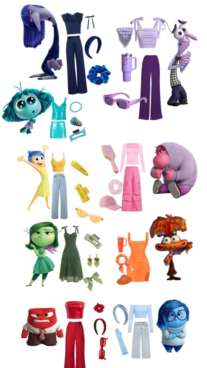 an assortment of cartoon characters are shown in this graphic style, including the character from inside out