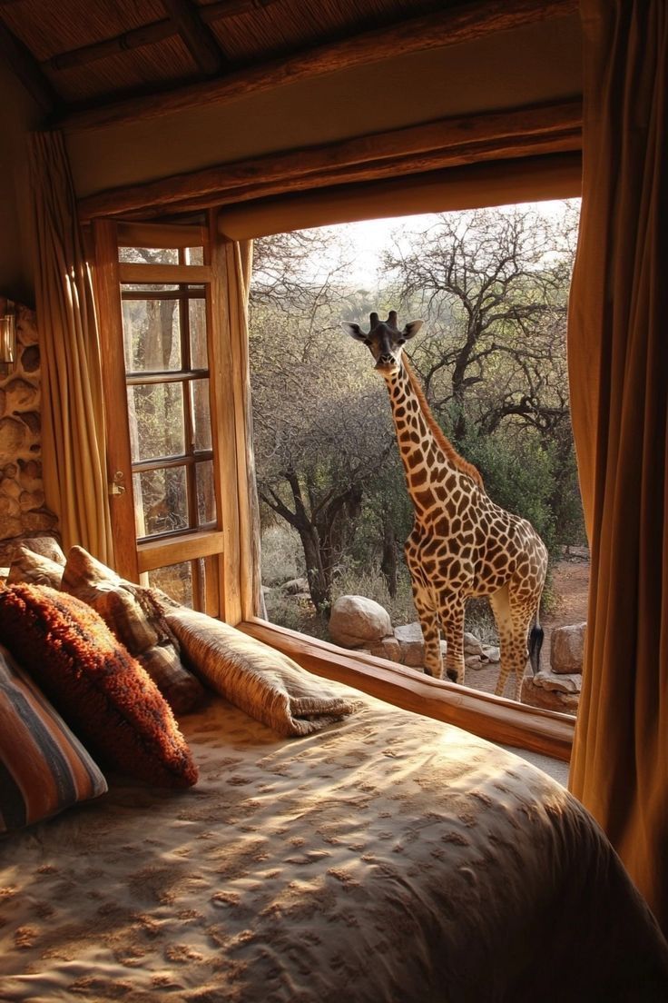 a giraffe standing in front of a bedroom window