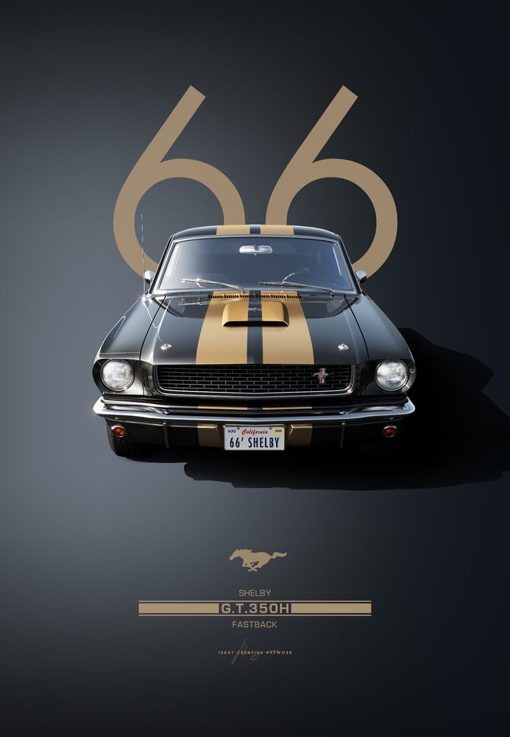 an old mustang car with gold stripes and the number 66 on it's side