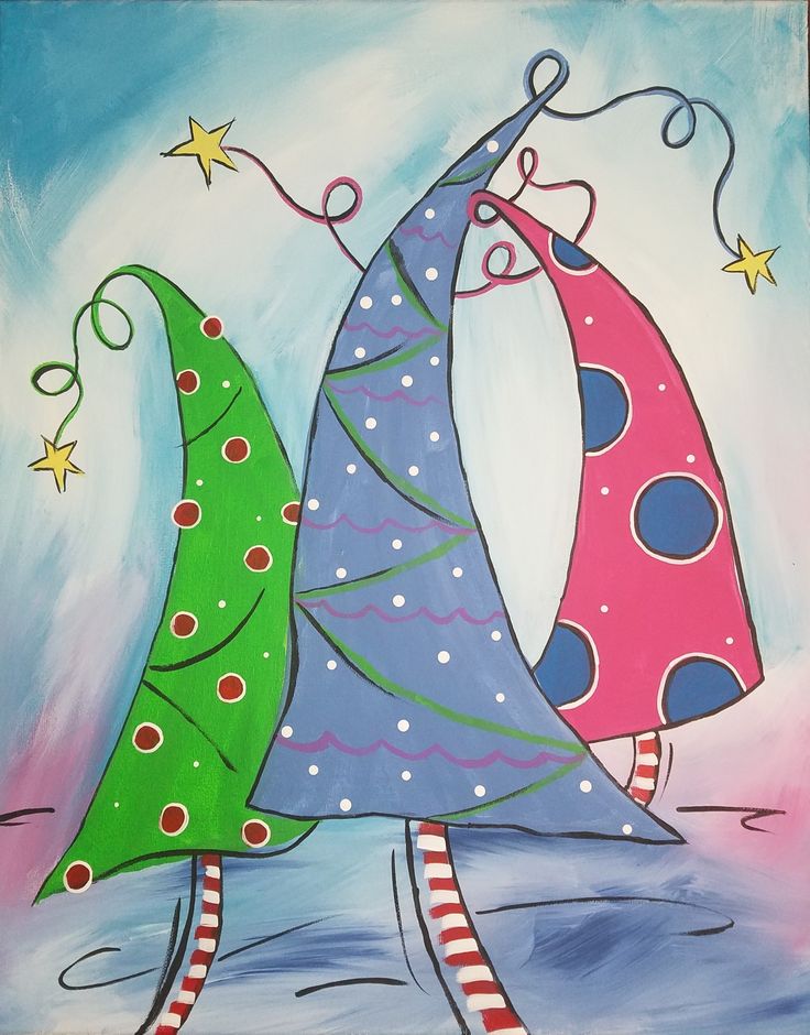 two brightly colored christmas trees on a blue and pink background with stars in the sky