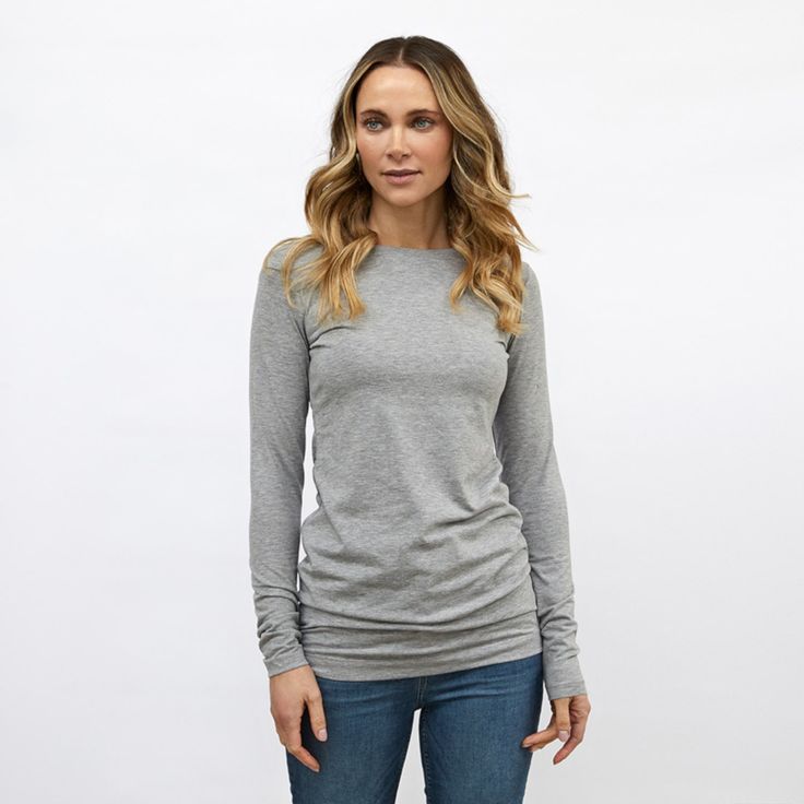 A good quality long sleeve layering tee to be worn under our knitwear, layered over another coloured tee or simply on its own.It is the perfect length for a contemporary layered look and can be ruched up to suit your figure. It has a round neck which complements our round neck cashmere pieces perfectly. 65% polyester, 27% cotton, 8% lycramachine washable at 30 degreesAlso available in black, white, khaki and navy Long Sleeve Layering, Layered T Shirt, Cashmere Jumper, Current Styles, Grey Tee, Own It, Navy Stripes, Layered Look, Independent Designers Fashion