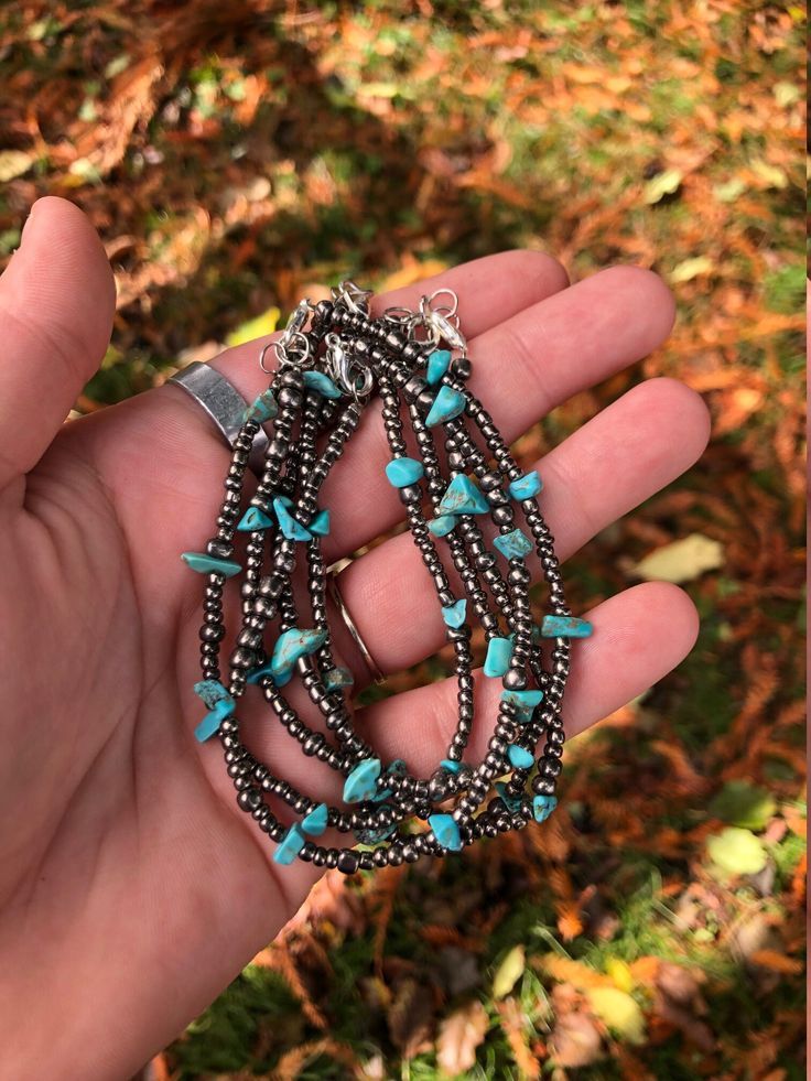 Sliver bead and small turquoise chunk bracelets. 1 bracelet Silver Bead Bracelet, Jewelry Bracelets, Beaded Bracelets, Turquoise, Beads, Silver