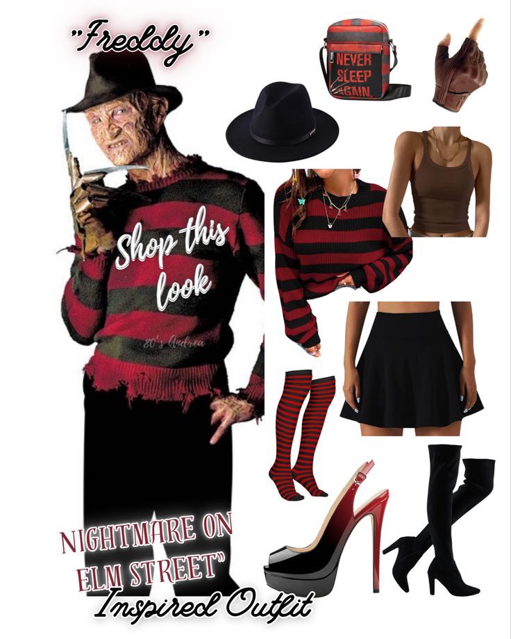 Boot, skirt, sweater, tank top, heels, glove, hat, backpack Freddy Costumes For Women, Costume Ideas Women Scary, Nightmare On Elm Street Outfit, Freddy Cougar Costume Women, Freddy Krueger Fantasia, Diy Freddy Krueger Costume Women, Freddie Krueger Costume, Freddy Kruger Girl Costume, Freddy Krueger Outfit