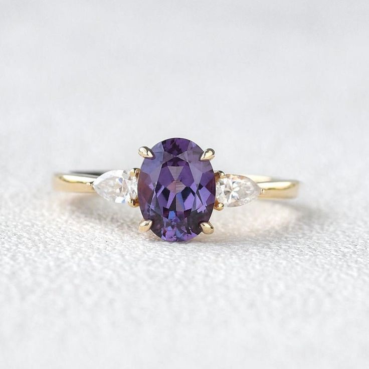 1.25 CT Oval Cut Alexandrite Engagement Ring With Moissanite Diamond Anniversary Ring,14k Yellow Gold Wedding Band,Promise Ring,Gift For Her Oval Engagement Ring Rose Gold, Amethyst Ring Engagement, Oval Cut Engagement Ring, Alexandrite Engagement Ring, Solid Gold Band, Alexandrite Ring, Oval Engagement, Gold Rings Jewelry, Three Stone Engagement