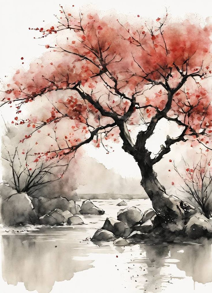 a watercolor painting of a tree with red leaves and rocks in the foreground