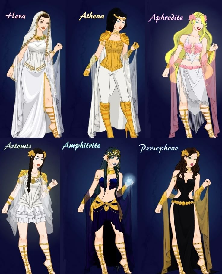 four different types of women dressed in ancient greek costumes, all wearing gold and white