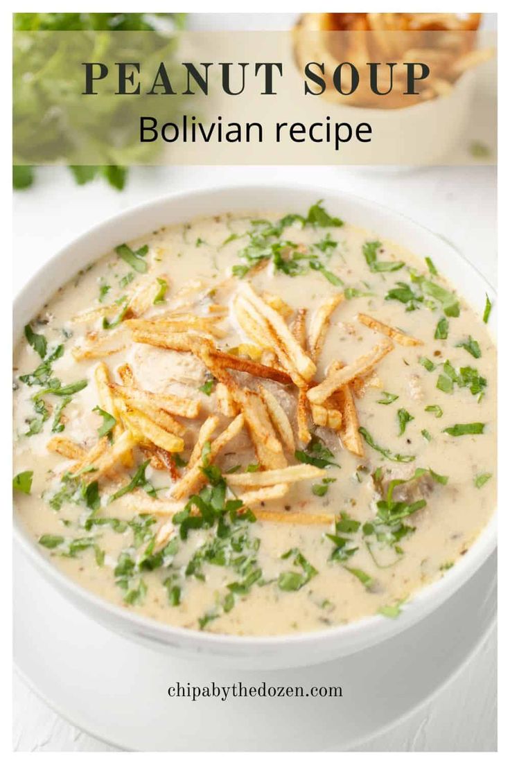 a white bowl filled with soup and french fries