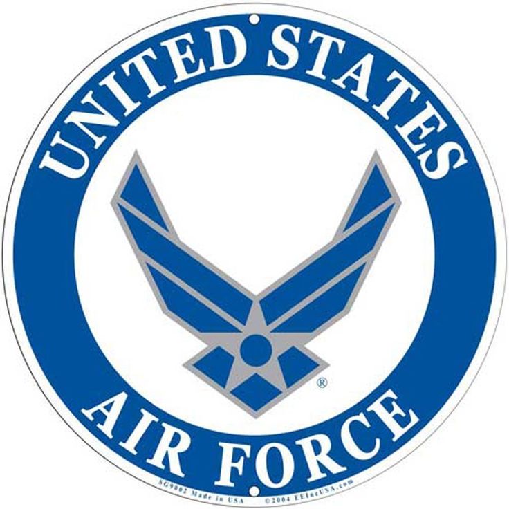 the united states air force logo is shown in blue and white on a white background