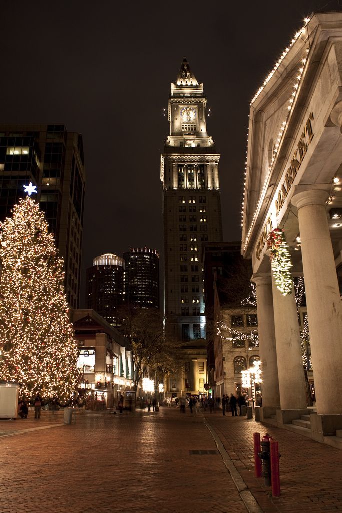 a large christmas tree in the middle of a city street with lights on it's sides