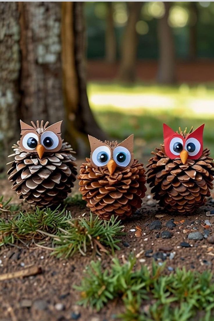 three pine cones with googly eyes are sitting on the ground in front of a tree