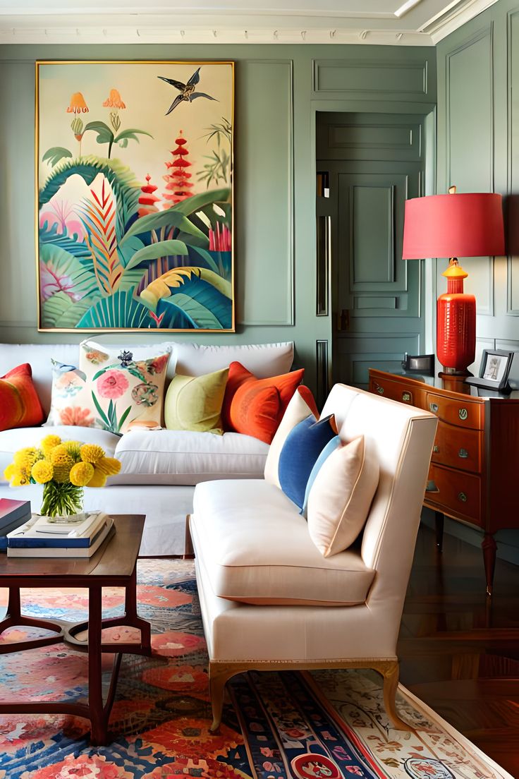 a living room filled with lots of furniture and colorful pillows on top of the couch