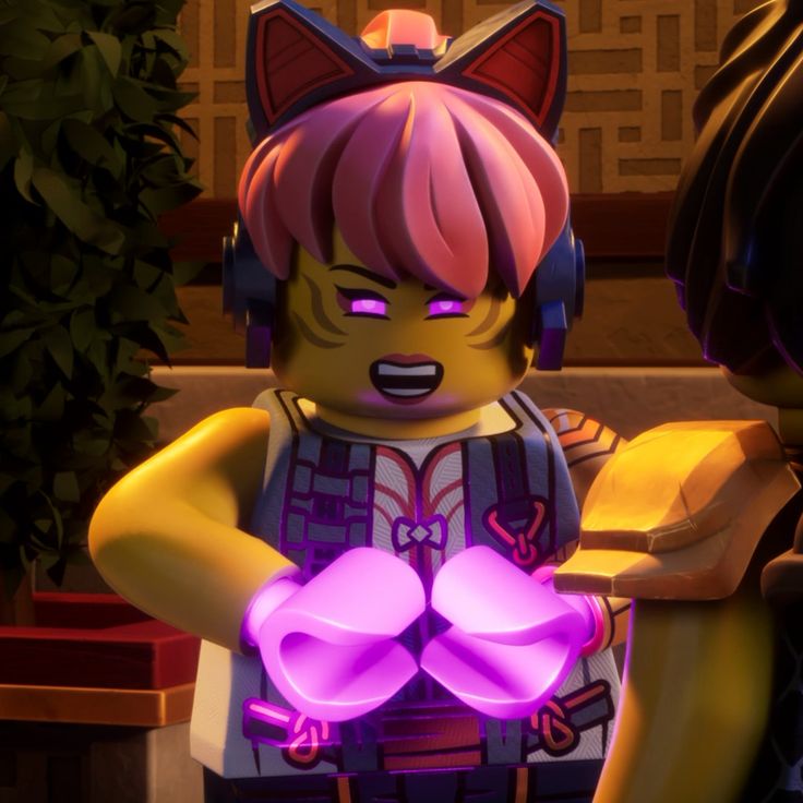 the lego movie character is wearing headphones and holding two heart shaped pink lights in her hands