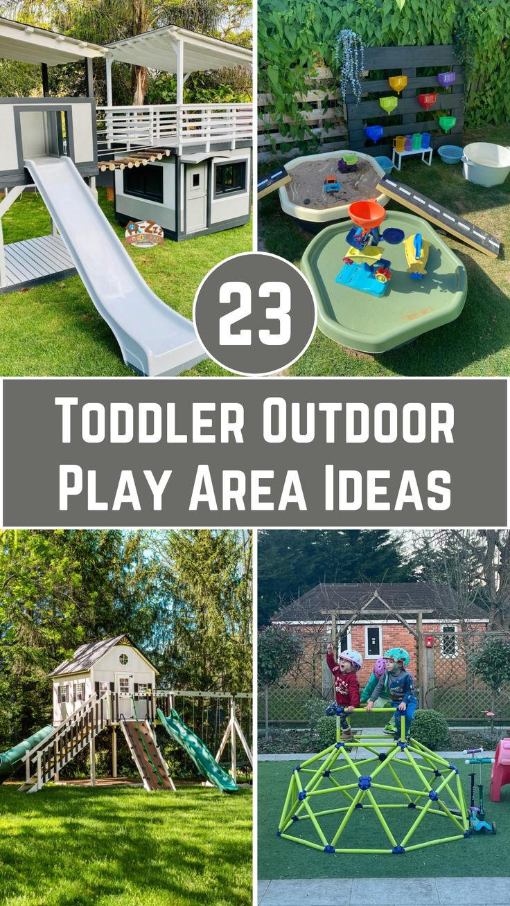 Looking to create the perfect outdoor play space for your toddler? Check out these 23 creative and safe play area ideas that will keep your little ones entertained for hours. From sensory play zones to mini adventure parks, these simple yet fun setups are perfect for any backyard. Small Space Outdoor Play Area, Backyard For Big Kids, Outdoor Toy Ideas, Montessori Backyard For Kids, Small House Play Area, Mulch Play Area For Kids, Backyard Play Area For Toddler, Kids Backyard Ideas On A Budget, Small Yard Kids Play Area