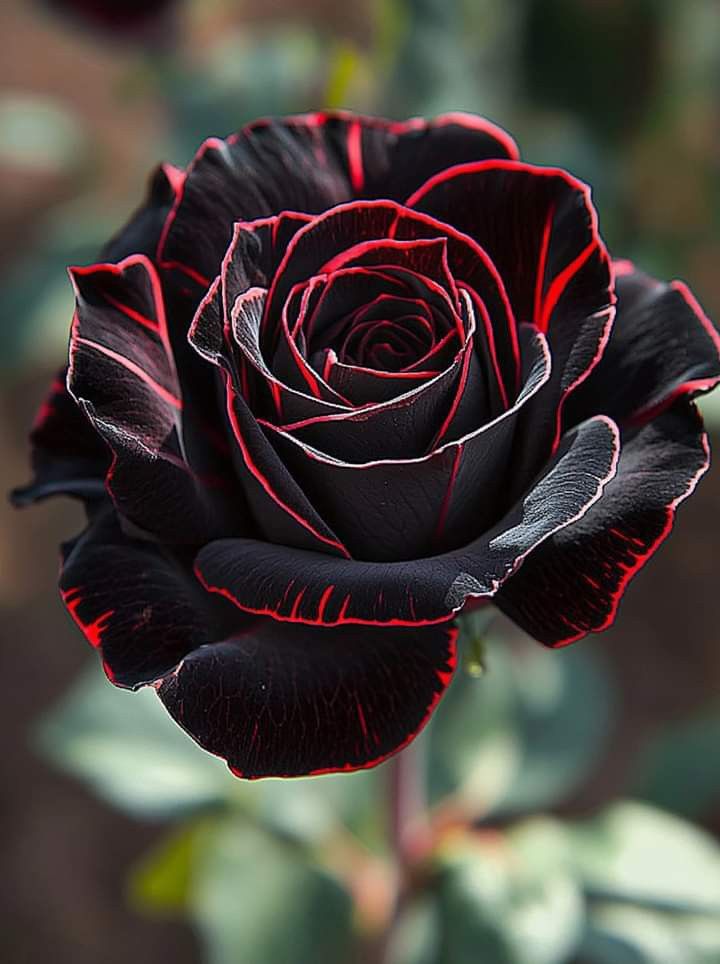 a black and red rose with green leaves