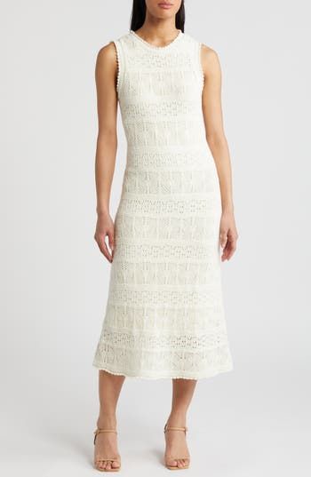 A mix of pointelle stitches adds breezy visual appeal to this fitted, midi-length sweater-dress. 46" length (size Medium) Slips on over head Crewneck Sleeveless Lined 74% cotton, 26% nylon Hand wash, dry flat Imported Elegant White Knit Midi Dress, White Textured Knit Dresses For Spring, Elegant Fitted Crochet Dress With Pointelle Knit, Summer Midi-length Pointelle Knit Dress, Summer Pointelle Knit Dress, White Knee-length Knit Dress, White Textured Knit Fitted Dress, Elegant White Textured Knit Dress, White Knit Midi Dress For Summer