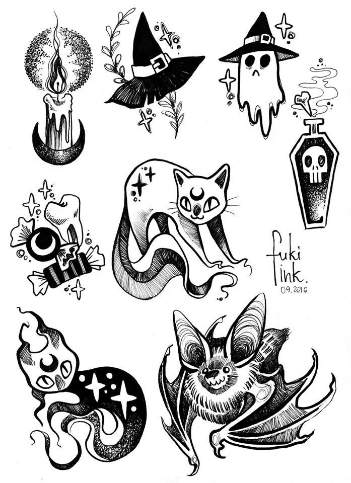 an ink drawing of various halloween tattoos