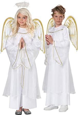 two children dressed in white and gold with angel wings on their heads, standing next to each other