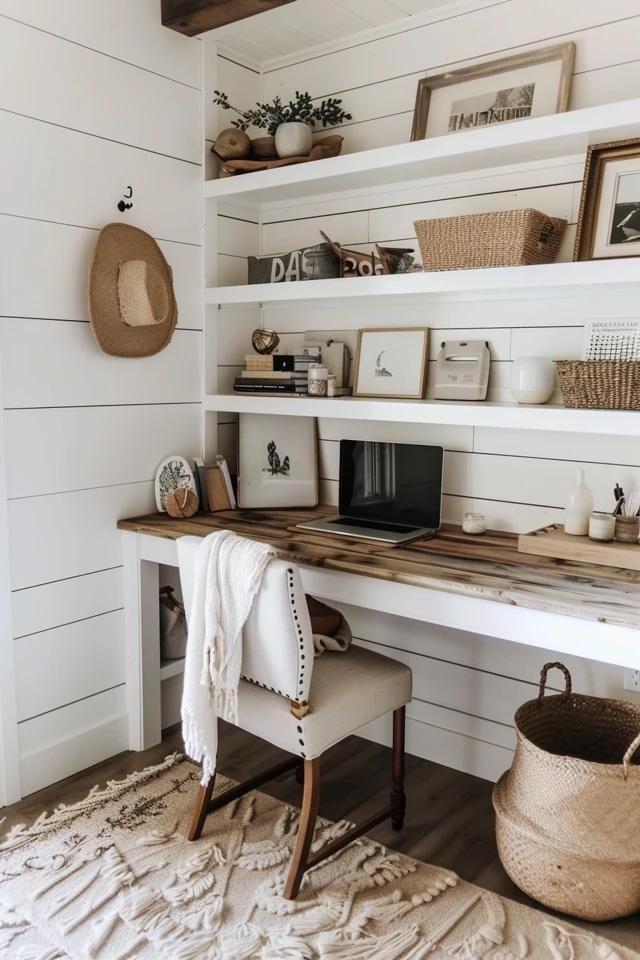 Modern Farmhouse Home Office Design Ideas Small Farmhouse Inspiration, Work Desks Ideas, Office With Shiplap Wall, Pottery Barn Home Office, Home Office Rustic Modern, Modern Farmhouse Craft Room, Small Farmhouse Office Ideas, Home Office Inspiration Farmhouse, Small Farmhouse Office