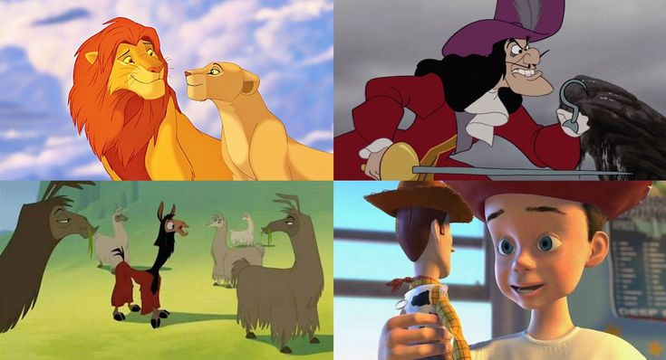 the lion king and other animated characters are depicted in four different pictures, each with an animal