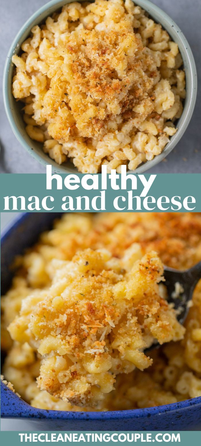 macaroni and cheese in a blue bowl with the title overlay above it